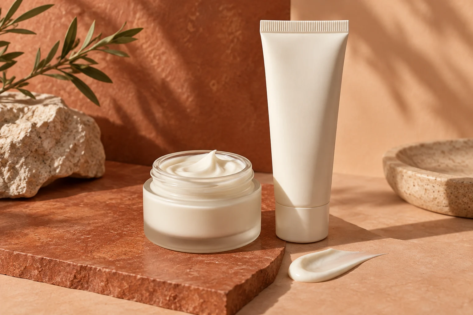 Unbranded skincare products in an editorial still life